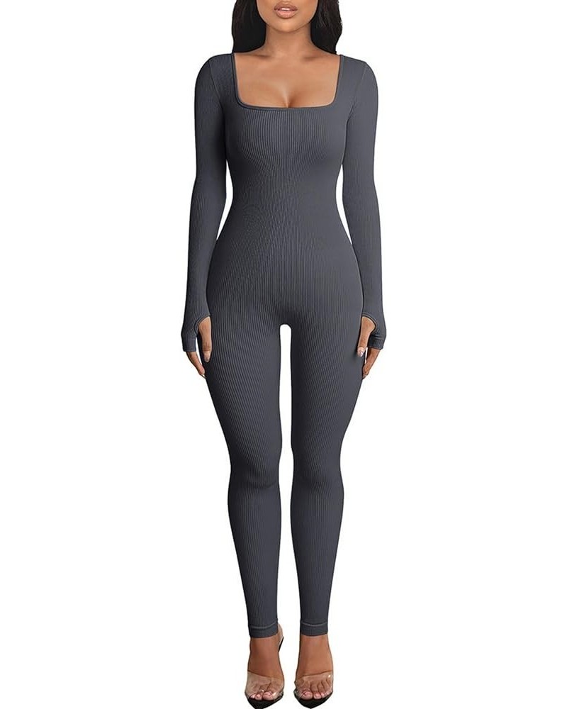 Womens Ribbed Jumpsuit with Tummy Control Long Sleeve Unitard Casual Yoga Rompers High Waisted One Piece Workout Bodycon Dark...