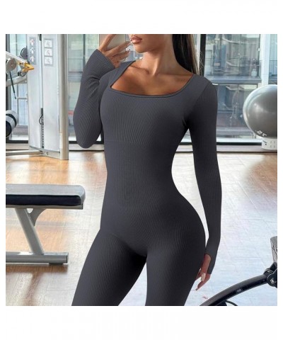 Womens Ribbed Jumpsuit with Tummy Control Long Sleeve Unitard Casual Yoga Rompers High Waisted One Piece Workout Bodycon Dark...