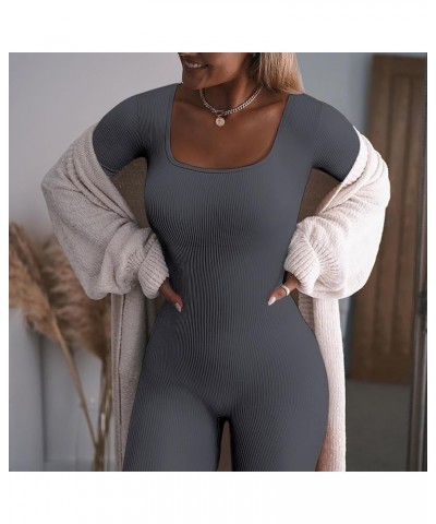 Womens Ribbed Jumpsuit with Tummy Control Long Sleeve Unitard Casual Yoga Rompers High Waisted One Piece Workout Bodycon Dark...