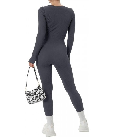 Womens Ribbed Jumpsuit with Tummy Control Long Sleeve Unitard Casual Yoga Rompers High Waisted One Piece Workout Bodycon Dark...