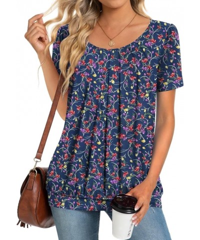 2024 Women's Summer Tunic Tops Short Sleeve Casual Tshirt for Leggings Pleated Loose Blouses Navy Flowers $12.60 Tops