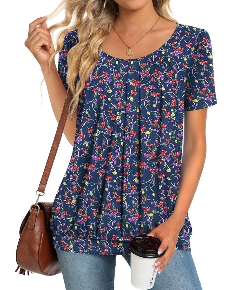 2024 Women's Summer Tunic Tops Short Sleeve Casual Tshirt for Leggings Pleated Loose Blouses Navy Flowers $12.60 Tops