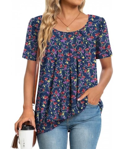 2024 Women's Summer Tunic Tops Short Sleeve Casual Tshirt for Leggings Pleated Loose Blouses Navy Flowers $12.60 Tops