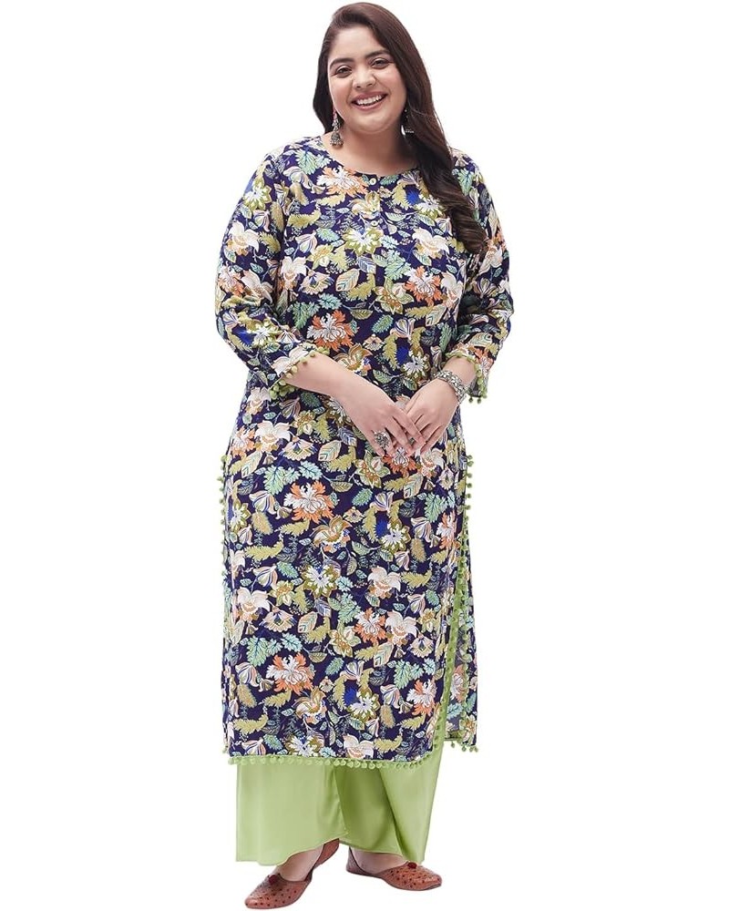 Women's Rayon Blue & Green Printed Kurta with Palazzo Multi $18.04 Tops