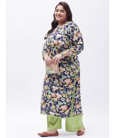 Women's Rayon Blue & Green Printed Kurta with Palazzo Multi $18.04 Tops