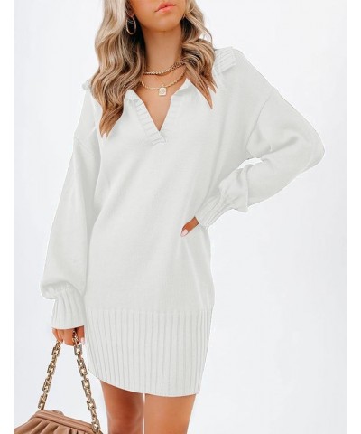 Women Casual V Neck Knit Mini Sweater Dresses Long Sleeve Solid Color Ribbed Hem Pullover Jumper Sweaters White $17.20 Sweaters