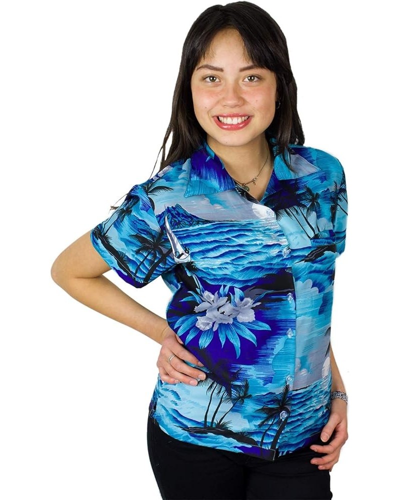 Funky Casual Hawaiian Blouse Shirt for Women Front Pocket Button Down Very Loud Shortsleeve Small Flower Print Surf Darkturqu...