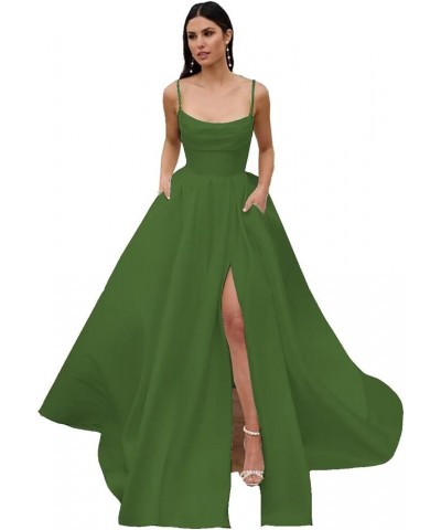 Spaghetti Straps Satin Pleated Prom Dresses A Line Side Split Ball Gowns Party Dress for Women RS080 Olive Green $33.00 Dresses