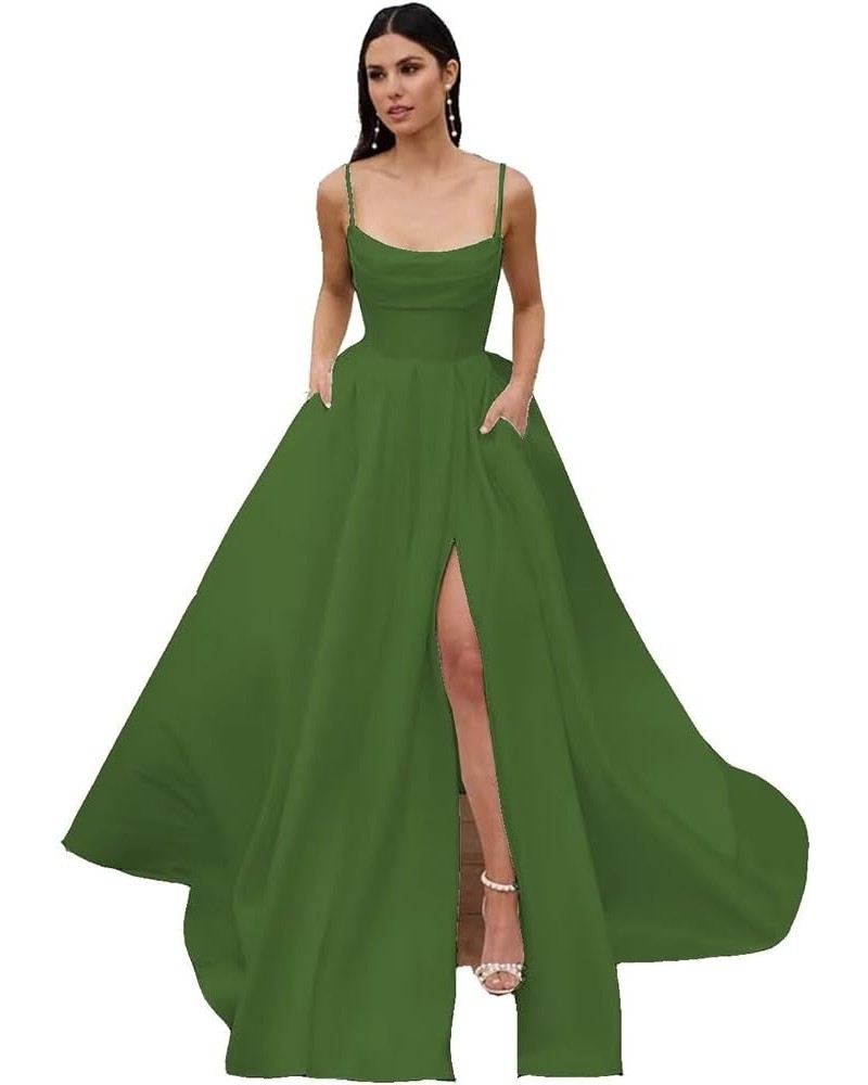 Spaghetti Straps Satin Pleated Prom Dresses A Line Side Split Ball Gowns Party Dress for Women RS080 Olive Green $33.00 Dresses