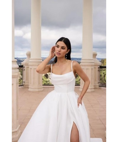 Spaghetti Straps Satin Pleated Prom Dresses A Line Side Split Ball Gowns Party Dress for Women RS080 Olive Green $33.00 Dresses