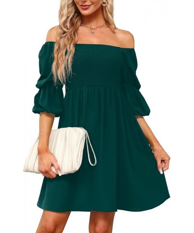 Womens Dresses Square Neck Puff Sleeve Smocked Chest Off Shoulder Babydoll Mini Dress 1-emerald Green $14.99 Dresses