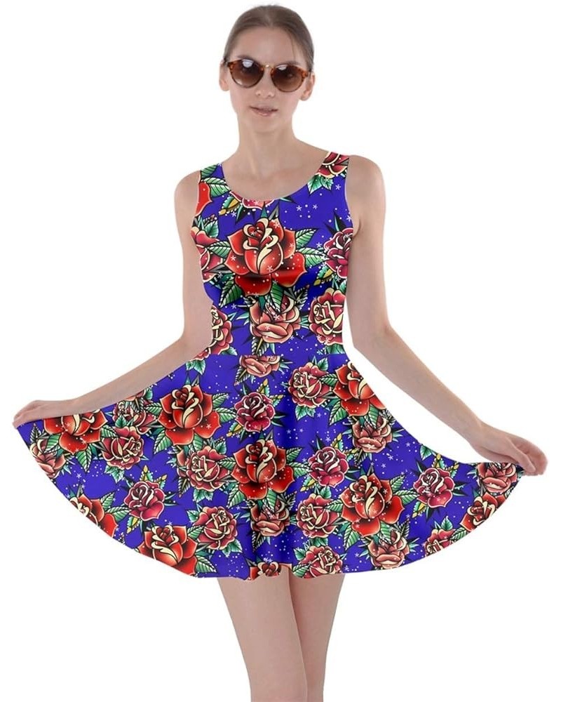 Womens Swing Dress Roses Floral Cute Valentines Day Love Hearts Skater Dress, XS-5XL Blue & Red Heart $14.10 Dresses