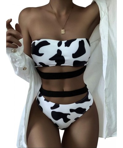 Women's Cow Print Bikini Set Bathing High Waisted Swimsuits Bandeau Tube Top Rave Festivals Black&white $11.61 Swimsuits