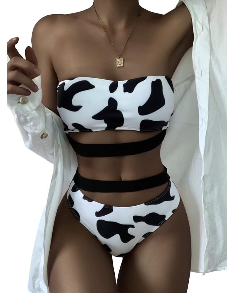 Women's Cow Print Bikini Set Bathing High Waisted Swimsuits Bandeau Tube Top Rave Festivals Black&white $11.61 Swimsuits