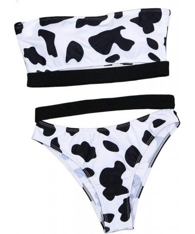 Women's Cow Print Bikini Set Bathing High Waisted Swimsuits Bandeau Tube Top Rave Festivals Black&white $11.61 Swimsuits