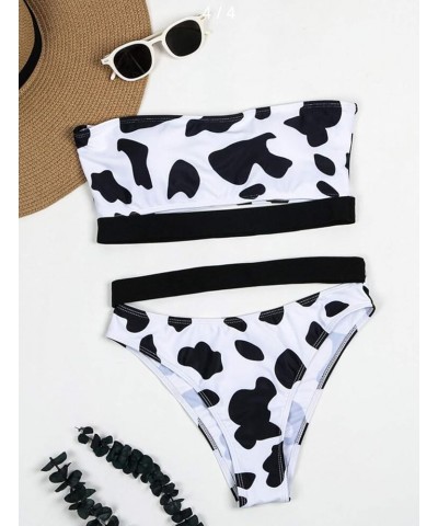 Women's Cow Print Bikini Set Bathing High Waisted Swimsuits Bandeau Tube Top Rave Festivals Black&white $11.61 Swimsuits