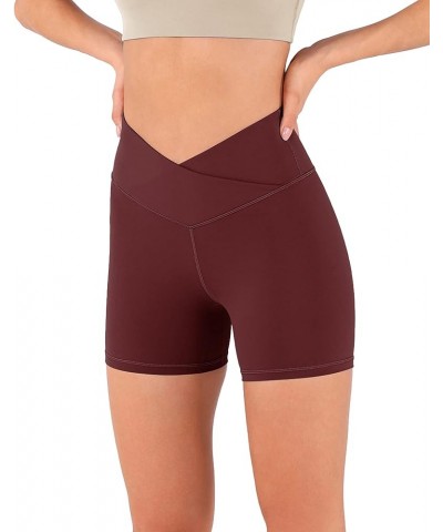 Crossover Yoga Shorts for Women 5" Inseam High Waist Athletic Workout Running Biker Shorts No Pocket Burgundy $12.71 Activewear