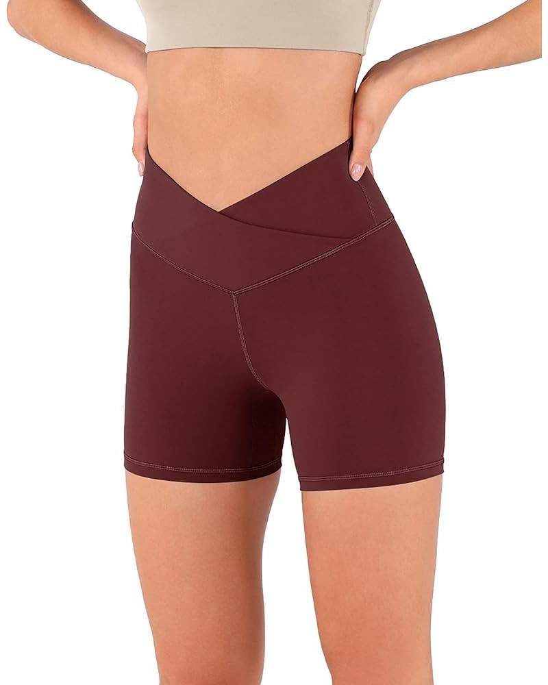 Crossover Yoga Shorts for Women 5" Inseam High Waist Athletic Workout Running Biker Shorts No Pocket Burgundy $12.71 Activewear