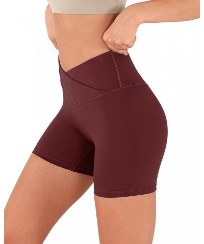 Crossover Yoga Shorts for Women 5" Inseam High Waist Athletic Workout Running Biker Shorts No Pocket Burgundy $12.71 Activewear