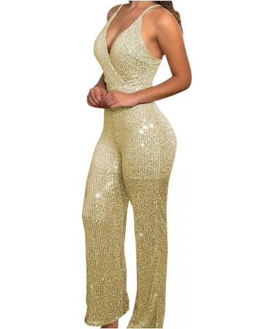 Women Sequins Sexy Jumpsuits Casual Suspender Sleeveless V Neck Playsuit Wide Leg Long Pants Romper Overall Clubwear Gold $10...