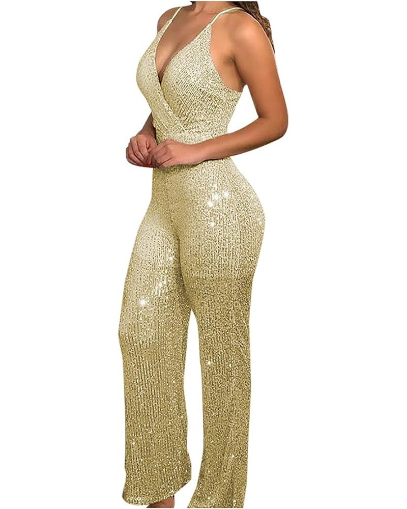 Women Sequins Sexy Jumpsuits Casual Suspender Sleeveless V Neck Playsuit Wide Leg Long Pants Romper Overall Clubwear Gold $10...