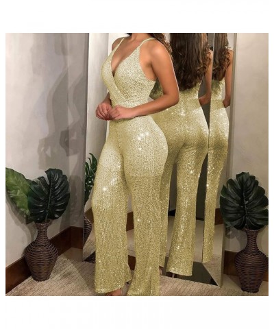 Women Sequins Sexy Jumpsuits Casual Suspender Sleeveless V Neck Playsuit Wide Leg Long Pants Romper Overall Clubwear Gold $10...