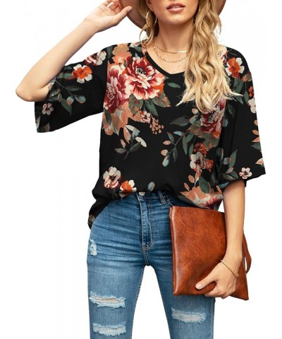 Women's Blouse Tops Loose V Neck 3/4 Bell Sleeve Shirt B-03- Fp Brown Black $11.04 Tops