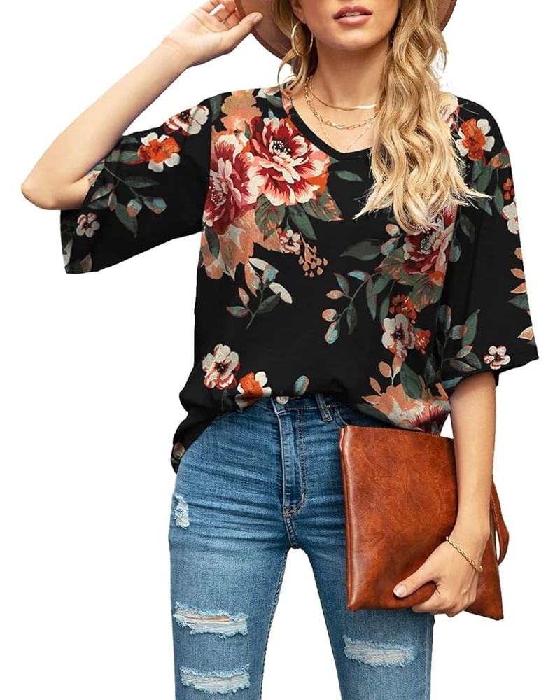 Women's Blouse Tops Loose V Neck 3/4 Bell Sleeve Shirt B-03- Fp Brown Black $11.04 Tops