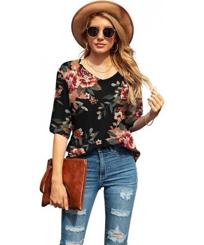 Women's Blouse Tops Loose V Neck 3/4 Bell Sleeve Shirt B-03- Fp Brown Black $11.04 Tops