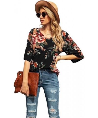 Women's Blouse Tops Loose V Neck 3/4 Bell Sleeve Shirt B-03- Fp Brown Black $11.04 Tops