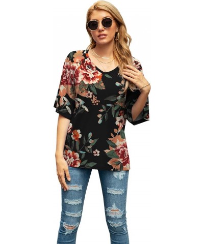 Women's Blouse Tops Loose V Neck 3/4 Bell Sleeve Shirt B-03- Fp Brown Black $11.04 Tops