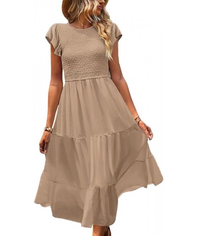 Women Summer Dresses Ruffle Cap Sleeve Casual Dress Boho Smocked Bodice Maxi Dress with Pockets E05 Khaki $25.48 Dresses