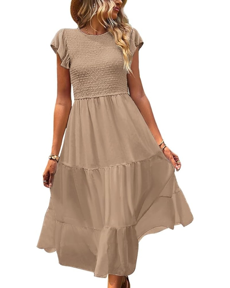 Women Summer Dresses Ruffle Cap Sleeve Casual Dress Boho Smocked Bodice Maxi Dress with Pockets E05 Khaki $25.48 Dresses