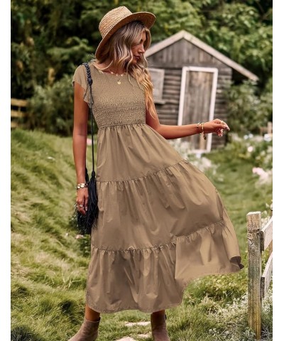 Women Summer Dresses Ruffle Cap Sleeve Casual Dress Boho Smocked Bodice Maxi Dress with Pockets E05 Khaki $25.48 Dresses