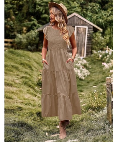 Women Summer Dresses Ruffle Cap Sleeve Casual Dress Boho Smocked Bodice Maxi Dress with Pockets E05 Khaki $25.48 Dresses