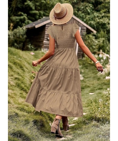 Women Summer Dresses Ruffle Cap Sleeve Casual Dress Boho Smocked Bodice Maxi Dress with Pockets E05 Khaki $25.48 Dresses