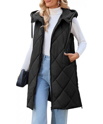 Womens Sleeveless Quilted Long Puffer Vest Hooded Full Zip Jacket Coats with Pockets Black $36.39 Vests