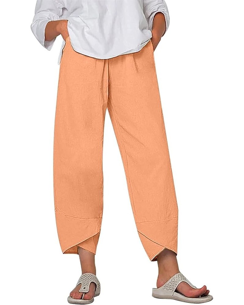 Women's Cotton Linen Capri Pants with Pockets Casual High Waist Wide Leg Trousers Trendy Y2K Pants S-5XL Orange $14.10 Pants