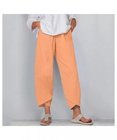 Women's Cotton Linen Capri Pants with Pockets Casual High Waist Wide Leg Trousers Trendy Y2K Pants S-5XL Orange $14.10 Pants