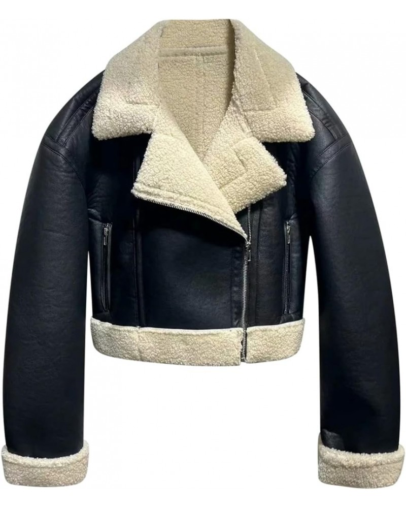 Women's Faux-Leather Sherpa Jacket Shearling Moto Bomber Coat Winter Aviator Faux-Leather Coat Outwear Streetwear A1black $28...