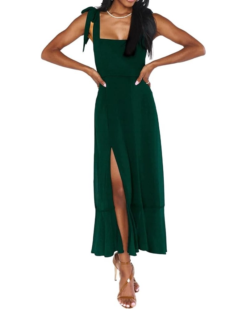 Women's Tie Strap Square Neck Dress Elegant Slit Swing Midi Dresses for Wedding Guest Cocktail Party S-XL Emerald Green $23.5...