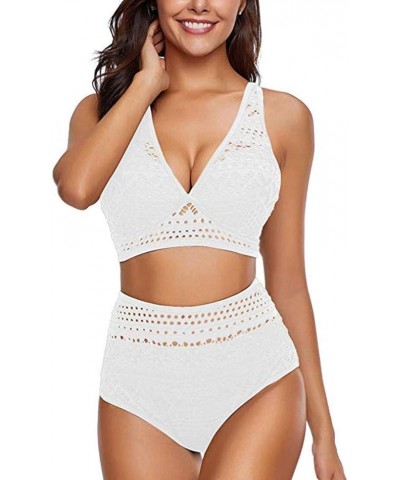 Women's Two-Piece Crochet Lace High Waist V-Neck Bikini Suit Sexy Solid Color Swimsuit White $8.83 Swimsuits