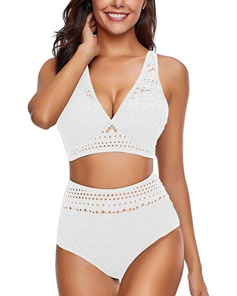 Women's Two-Piece Crochet Lace High Waist V-Neck Bikini Suit Sexy Solid Color Swimsuit White $8.83 Swimsuits