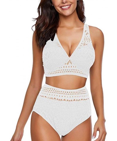 Women's Two-Piece Crochet Lace High Waist V-Neck Bikini Suit Sexy Solid Color Swimsuit White $8.83 Swimsuits