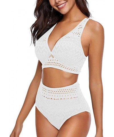 Women's Two-Piece Crochet Lace High Waist V-Neck Bikini Suit Sexy Solid Color Swimsuit White $8.83 Swimsuits