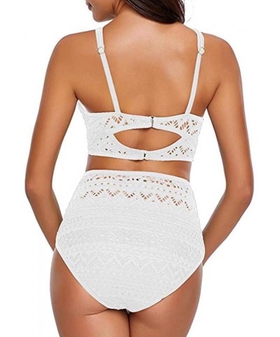 Women's Two-Piece Crochet Lace High Waist V-Neck Bikini Suit Sexy Solid Color Swimsuit White $8.83 Swimsuits