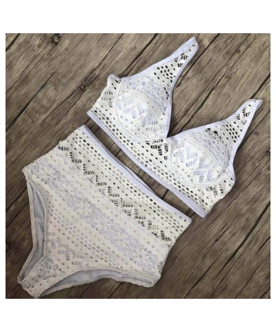 Women's Two-Piece Crochet Lace High Waist V-Neck Bikini Suit Sexy Solid Color Swimsuit White $8.83 Swimsuits