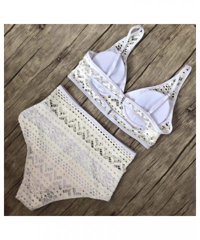 Women's Two-Piece Crochet Lace High Waist V-Neck Bikini Suit Sexy Solid Color Swimsuit White $8.83 Swimsuits