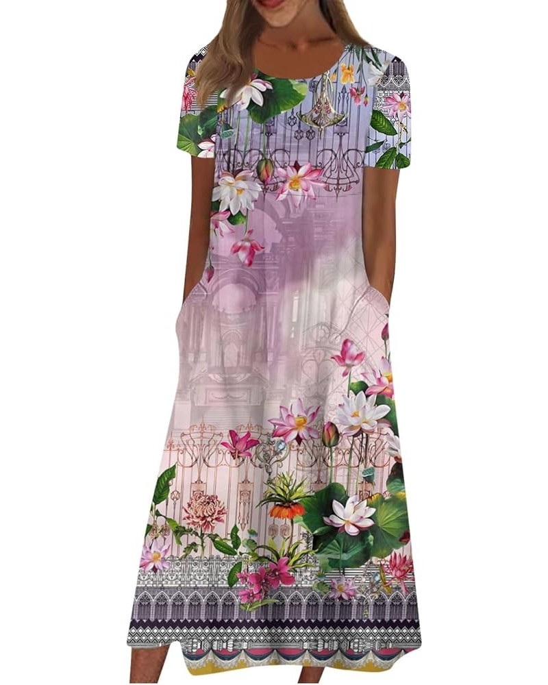 Summer Dresses 2024 Women Floral Pleated Midi Dress Short Sleeve Crew Neck Loose Fit Sundress Casual Tunic Dress 02-purple $1...