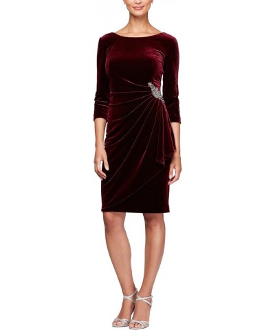 Women's Short Three Quarter Sleeve Velvet Dress (Petite Regular) Wine $51.86 Dresses